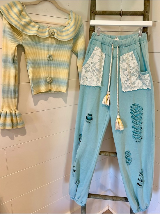 POL Pants - NEW curated SET: POL AQUA Distressed Lace Pocket Joggers & off shoulder top